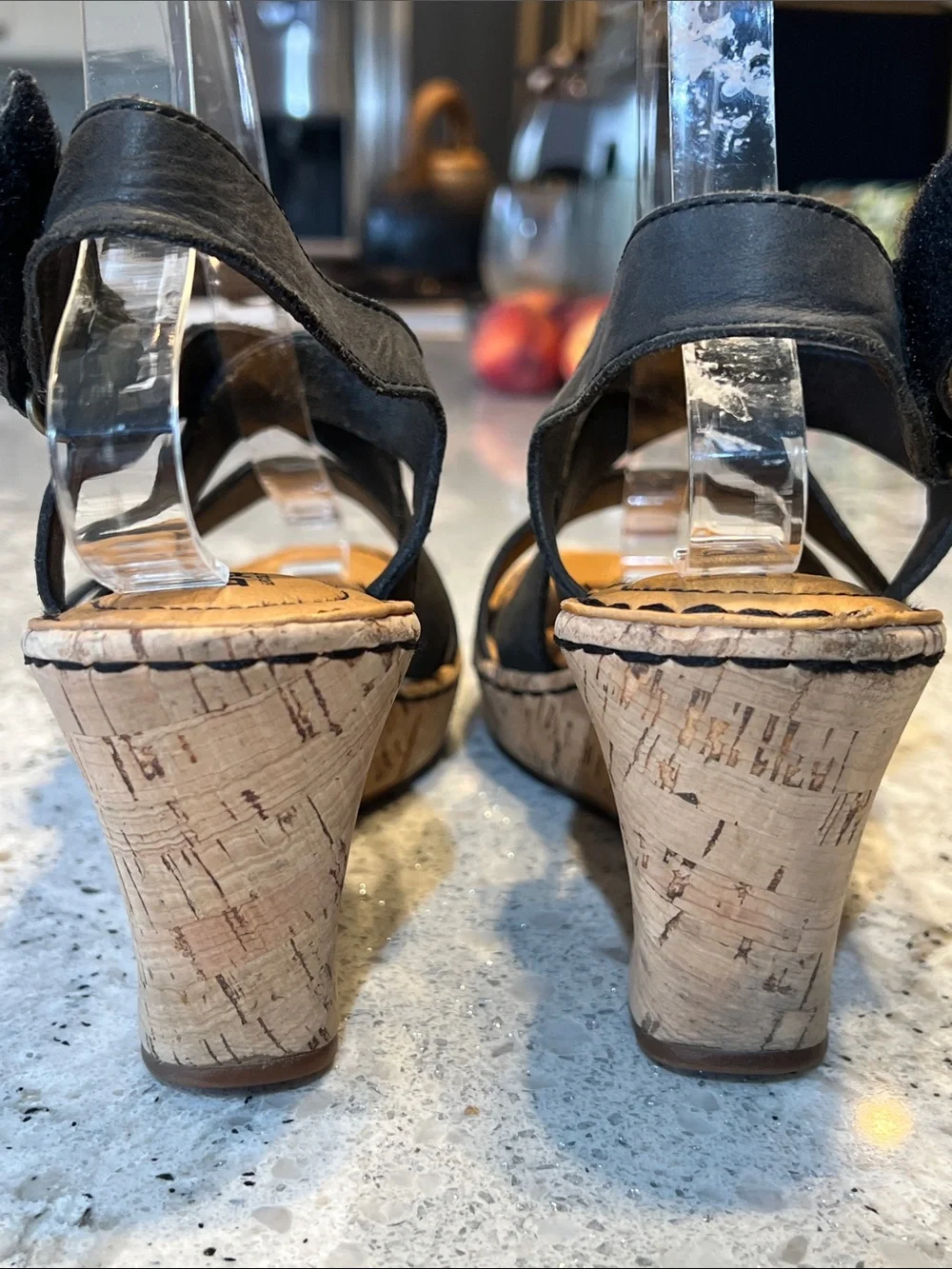 Børn Seashell Black Leather Cork Wedge Sandals Size 9 EUC